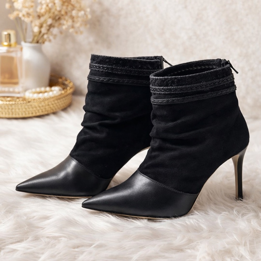 Black Velour Edgy Embellished Luxury Ankle Heeled Boots size 6
